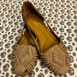 Tan Leather Top Woven Flats
